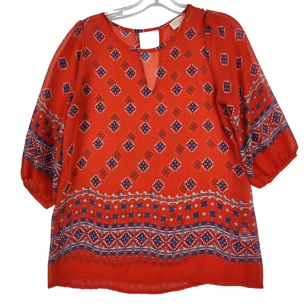 Everly Small Red Geometric Tribal Boho V-Neck 3/4 Sleeve Chiffon Blouse Top